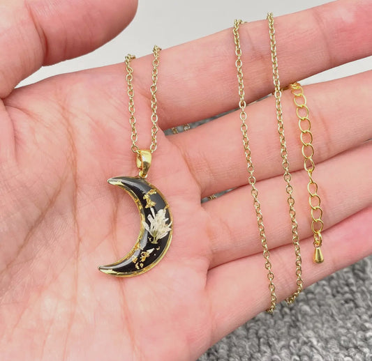 Dried Flower Crescent Moon Necklace